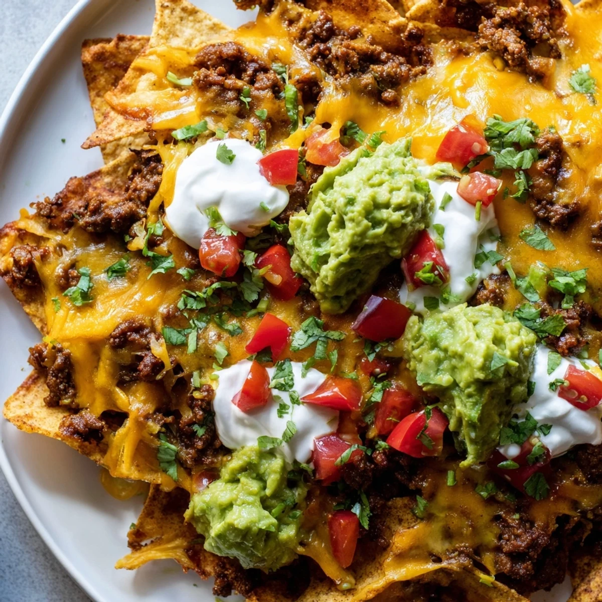 A loaded Beef Nacho Platter ready for a party, garnished with tomatoes and green onions, served with salsa and guacamole.