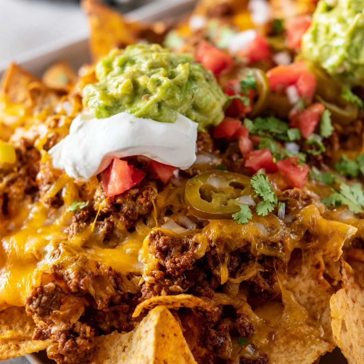 Freshly baked Beef Nacho Platter with seasoned beef and melted cheese, topped with cilantro and jalapeños on crispy chips.