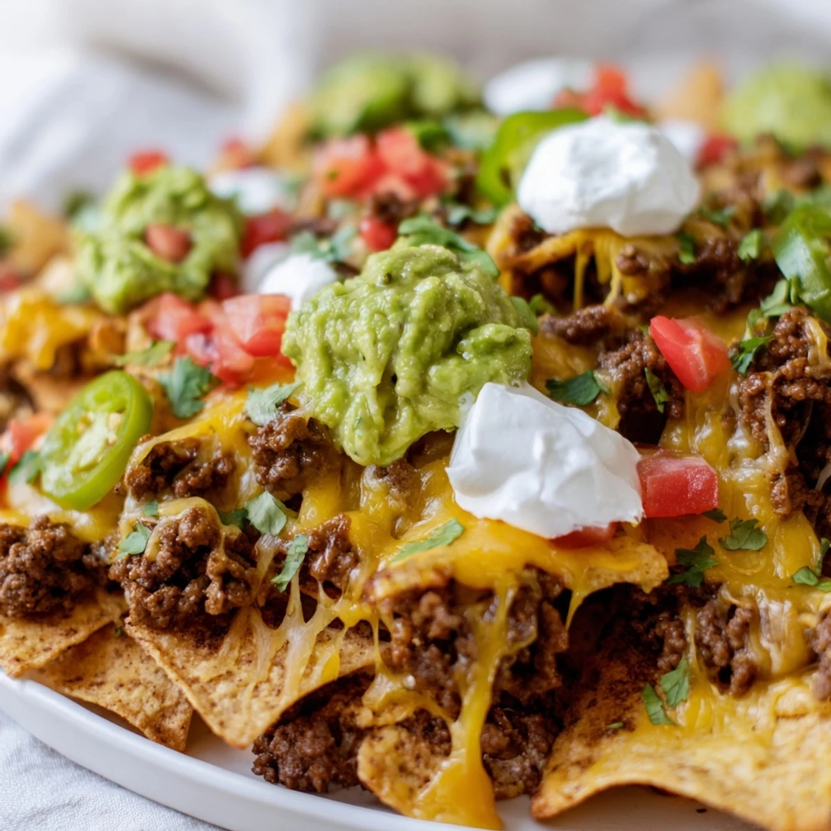 A sizzling hot Beef Nacho Platter piled high with savory ground beef and golden melted cheese, perfect for sharing.