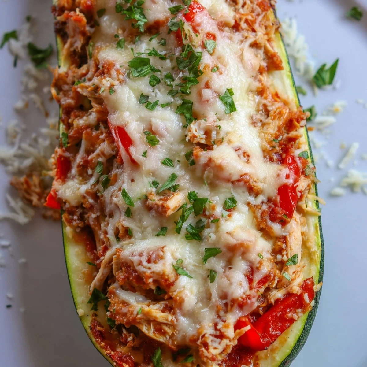 Golden-baked Chicken Zucchini Boats filled with savory chicken, peppers, and melted mozzarella cheese.