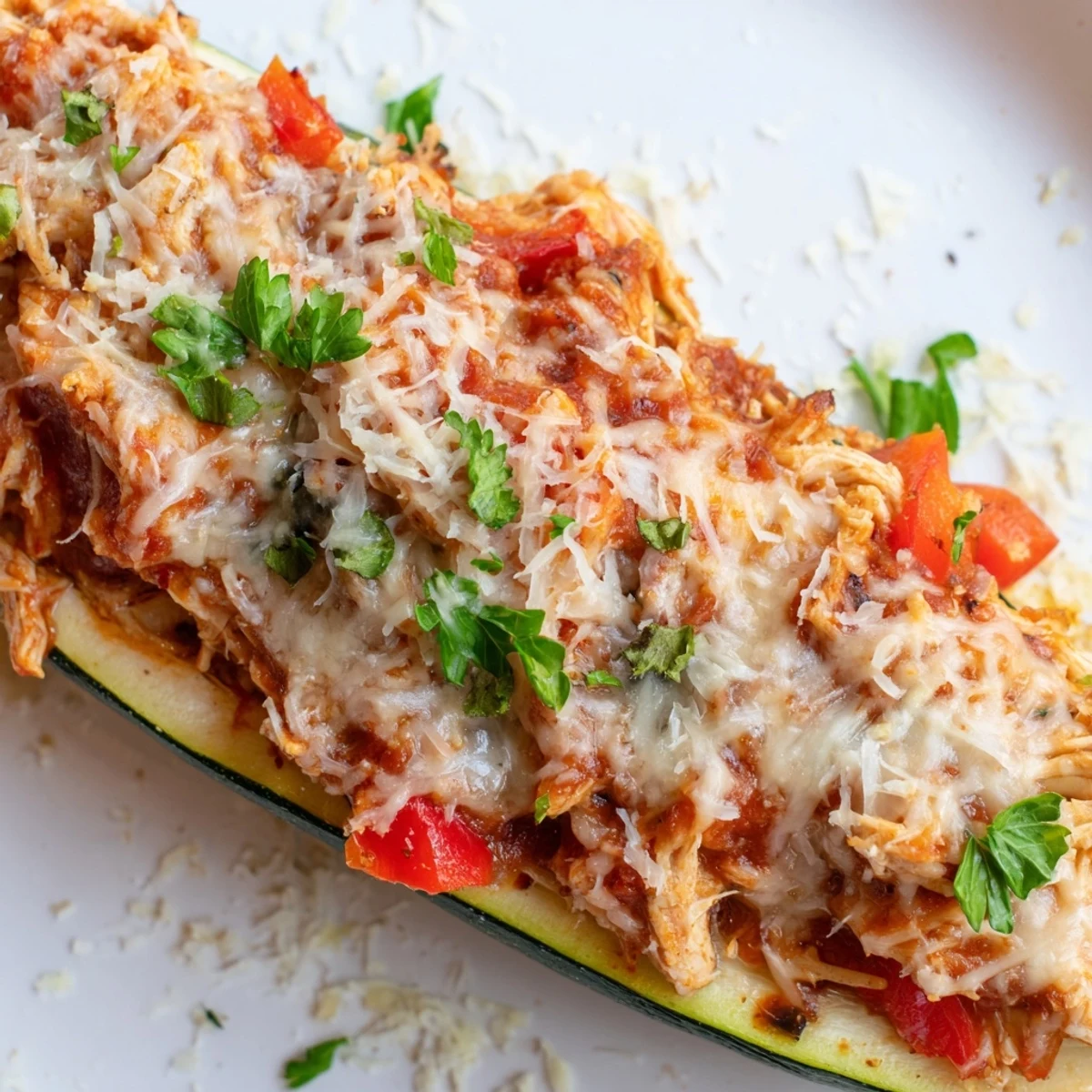 Tender low-carb Chicken Zucchini Boats served hot from the oven on a rustic plate.