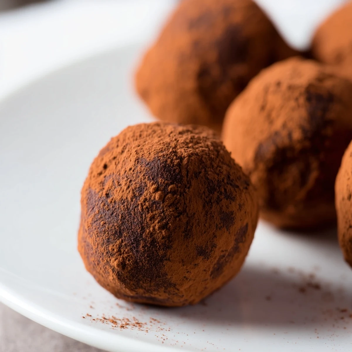 Dark Chocolate Truffles with Cocoa Powder, elegantly dusted and displayed on a marble surface.