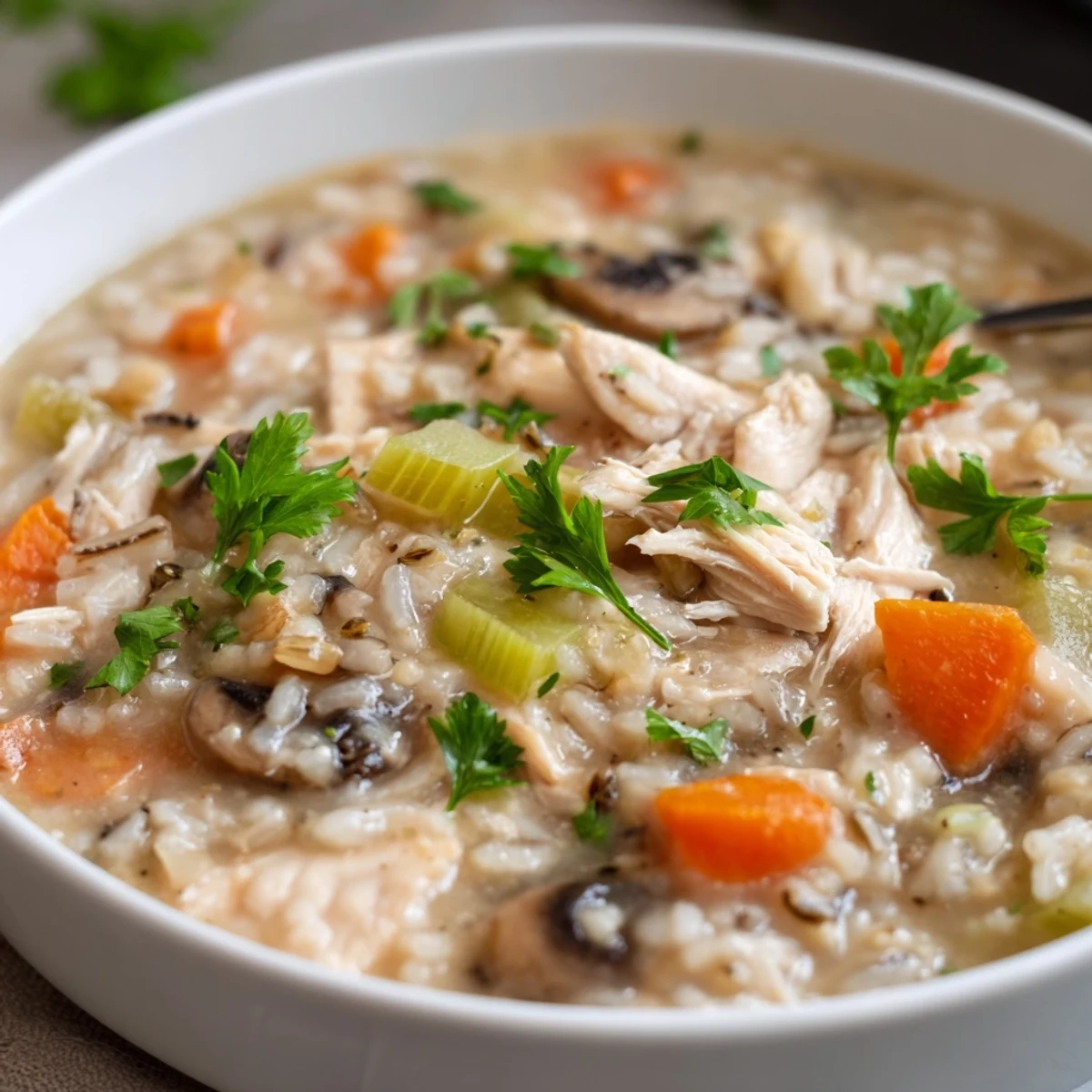 Ladle of Creamy Chicken and Wild Rice Soup with Cream featuring tender chicken and sautéed vegetables.