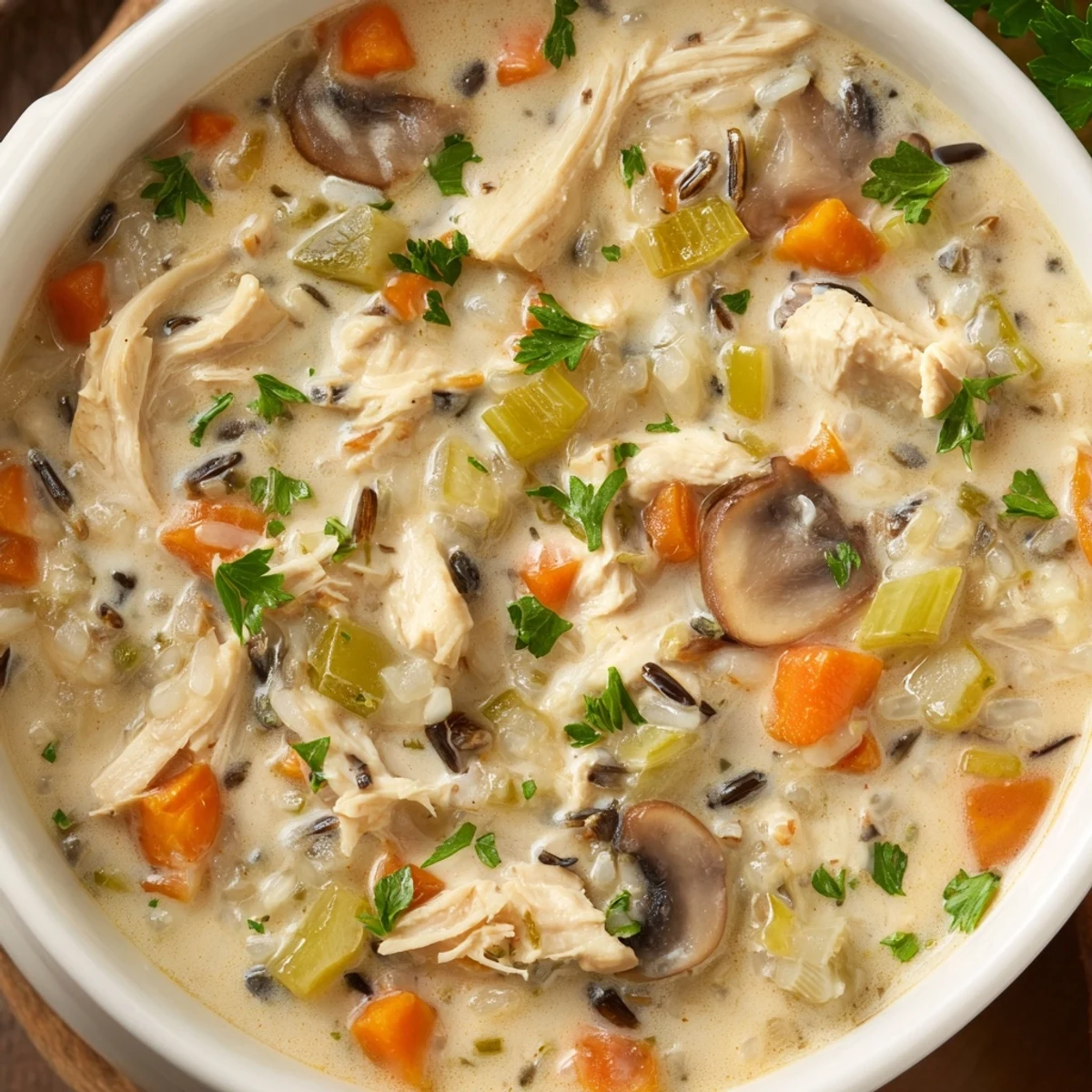A comforting bowl of Creamy Chicken and Wild Rice Soup with Cream, paired with crusty bread.