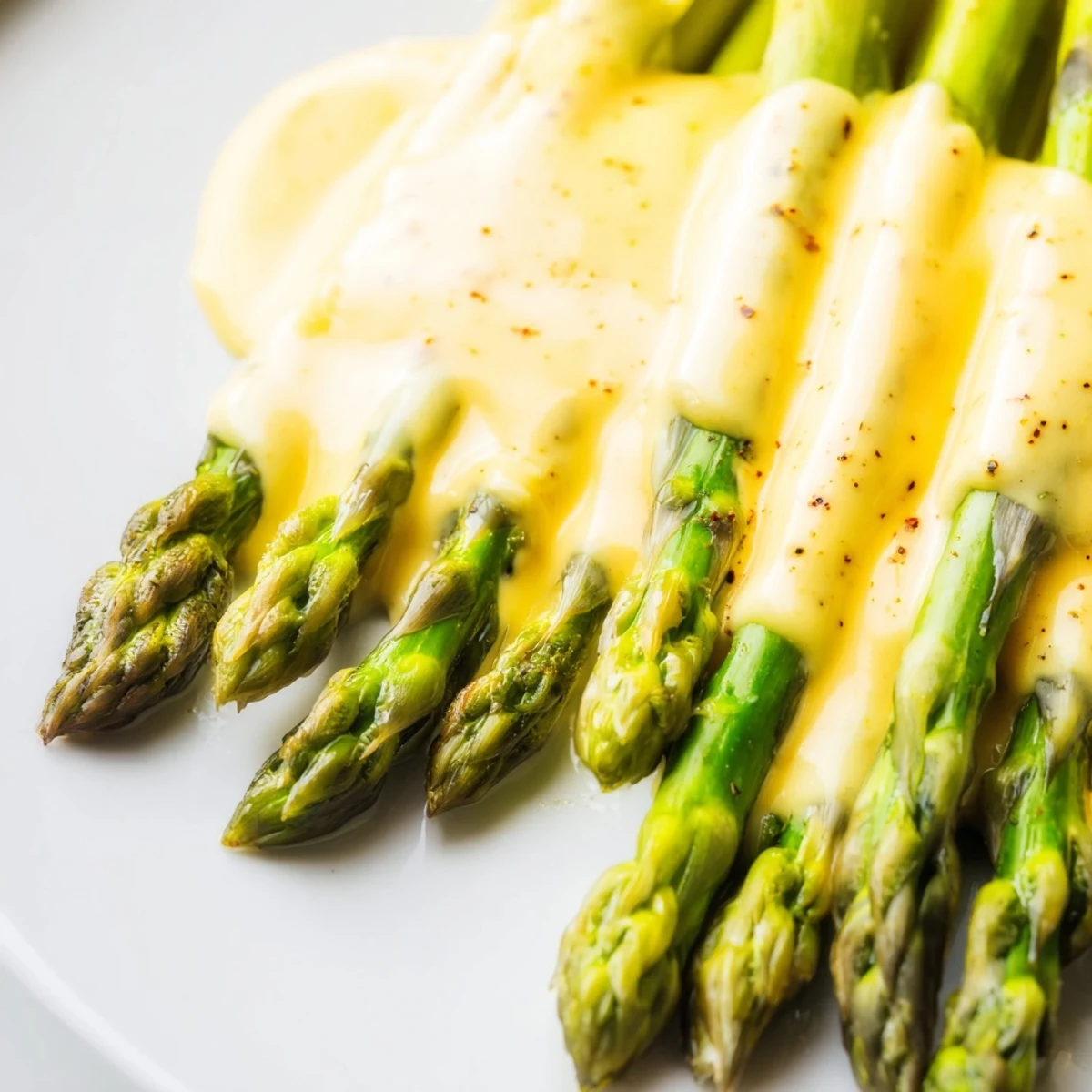 Golden-brown roasted asparagus drizzled with creamy Hollandaise sauce on a white ceramic platter.