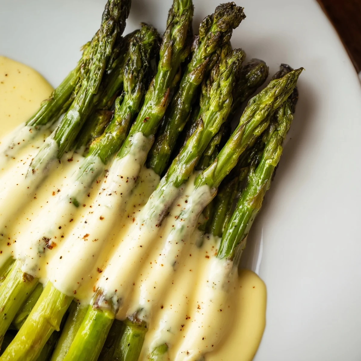 Freshly made Roasted Asparagus with Hollandaise Sauce served warm alongside roasted chicken on a dinner table.