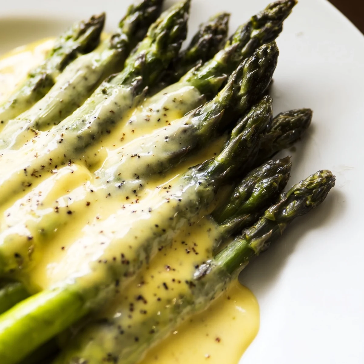 Tender asparagus spears topped with rich Hollandaise, garnished with fresh chives for an elegant side dish.