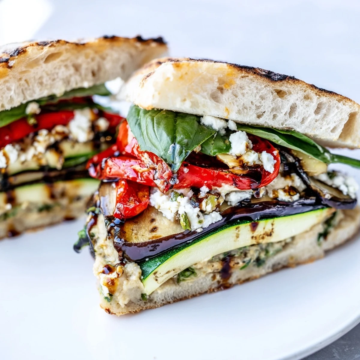 Close-up of the Grilled Vegetable Panini with hummus, showcasing charred eggplant, red pepper, and zucchini layered on ciabatta.