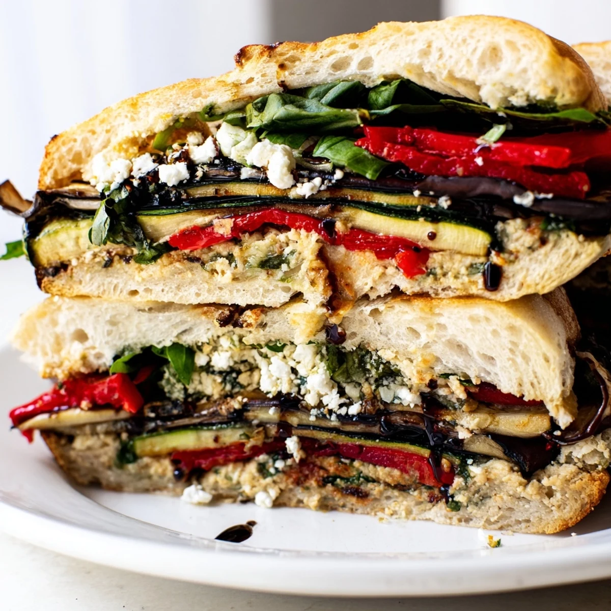 Sizzling Grilled Vegetable Panini with hummus being pressed in a panini maker, melting the creamy spread inside.