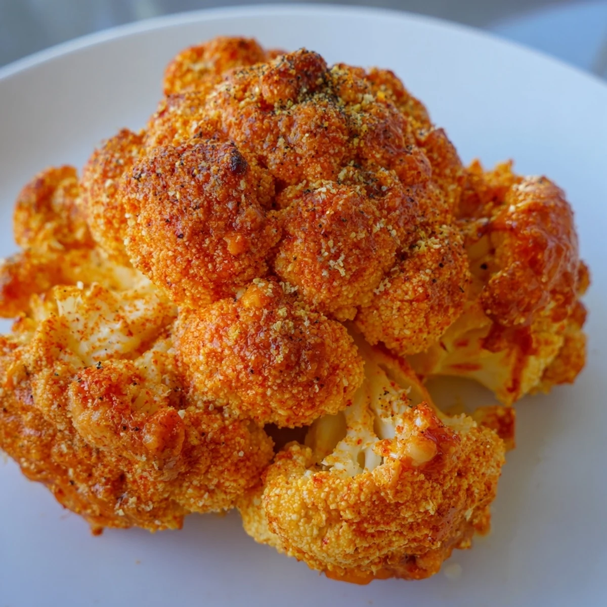 Golden-baked Spicy Buffalo Cauliflower Wings with celery sticks and cool ranch dip on a rustic wooden platter.