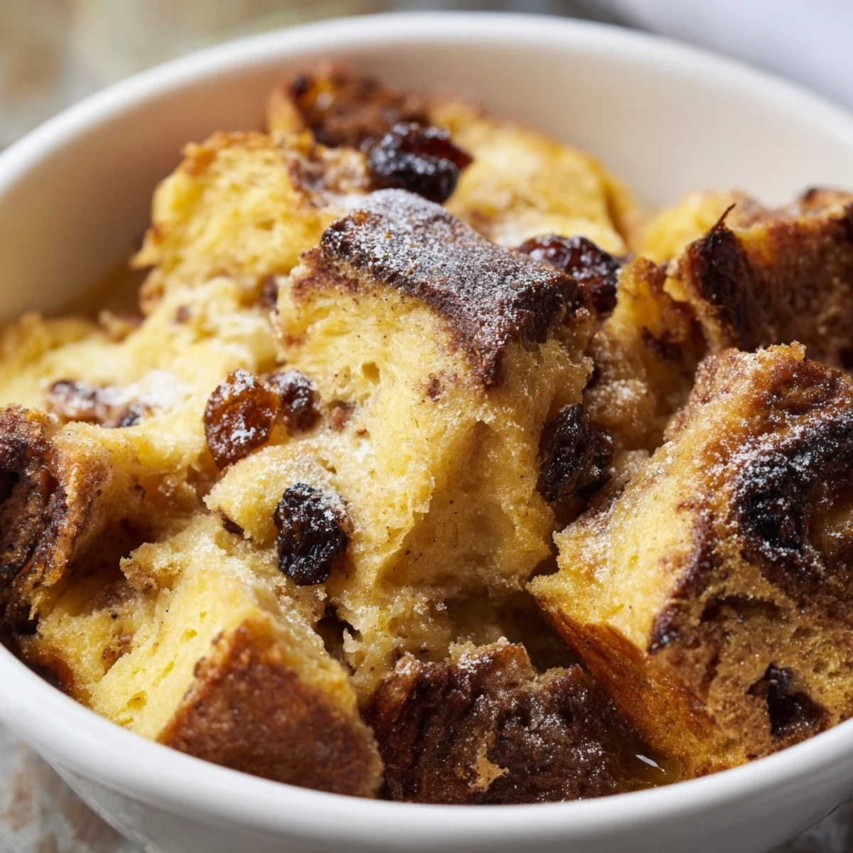 A slice of Cinnamon Roll Bread and Butter Pudding reveals swirls of cinnamon bread in creamy custard, perfect with a scoop of vanilla ice cream.