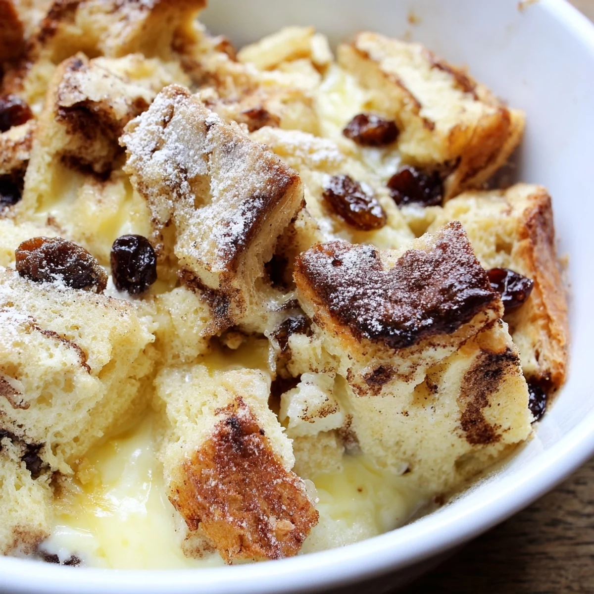 Overhead view of Cinnamon Roll Bread and Butter Pudding in a white baking dish, dusted with powdered sugar and ready for a cozy brunch serving.
