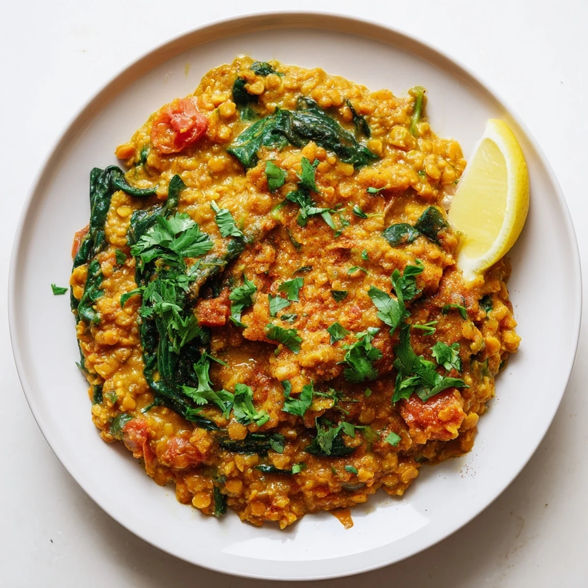 Close-up of Savory Lentil and Spinach Dahl in a rustic bowl, vibrant with wilted green spinach. 