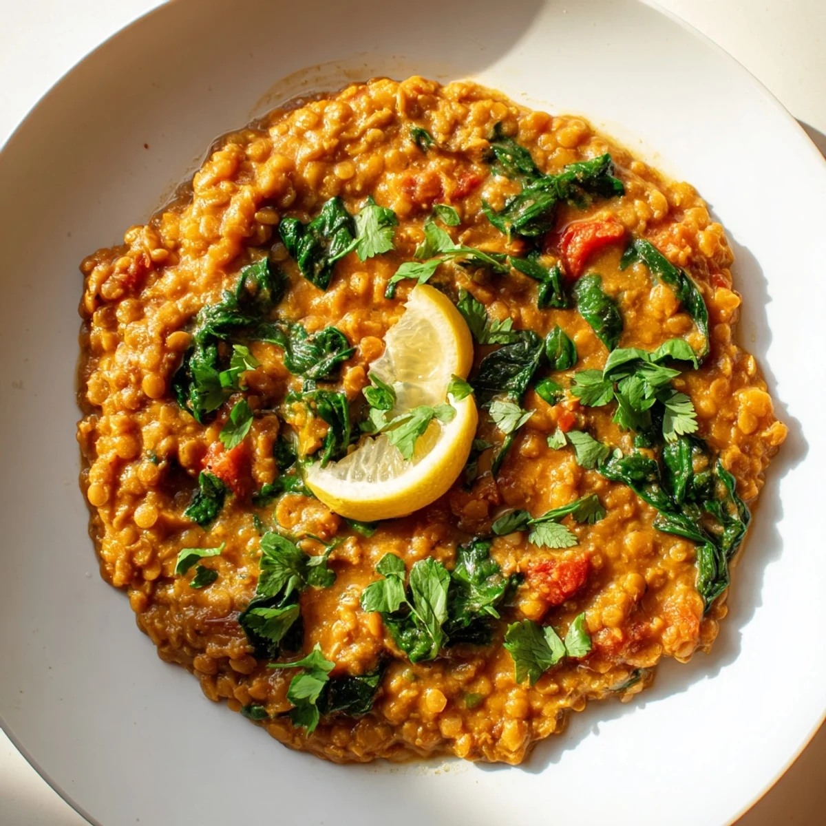 Steaming Savory Lentil and Spinach Dahl served with fluffy rice and a fresh lemon wedge. 