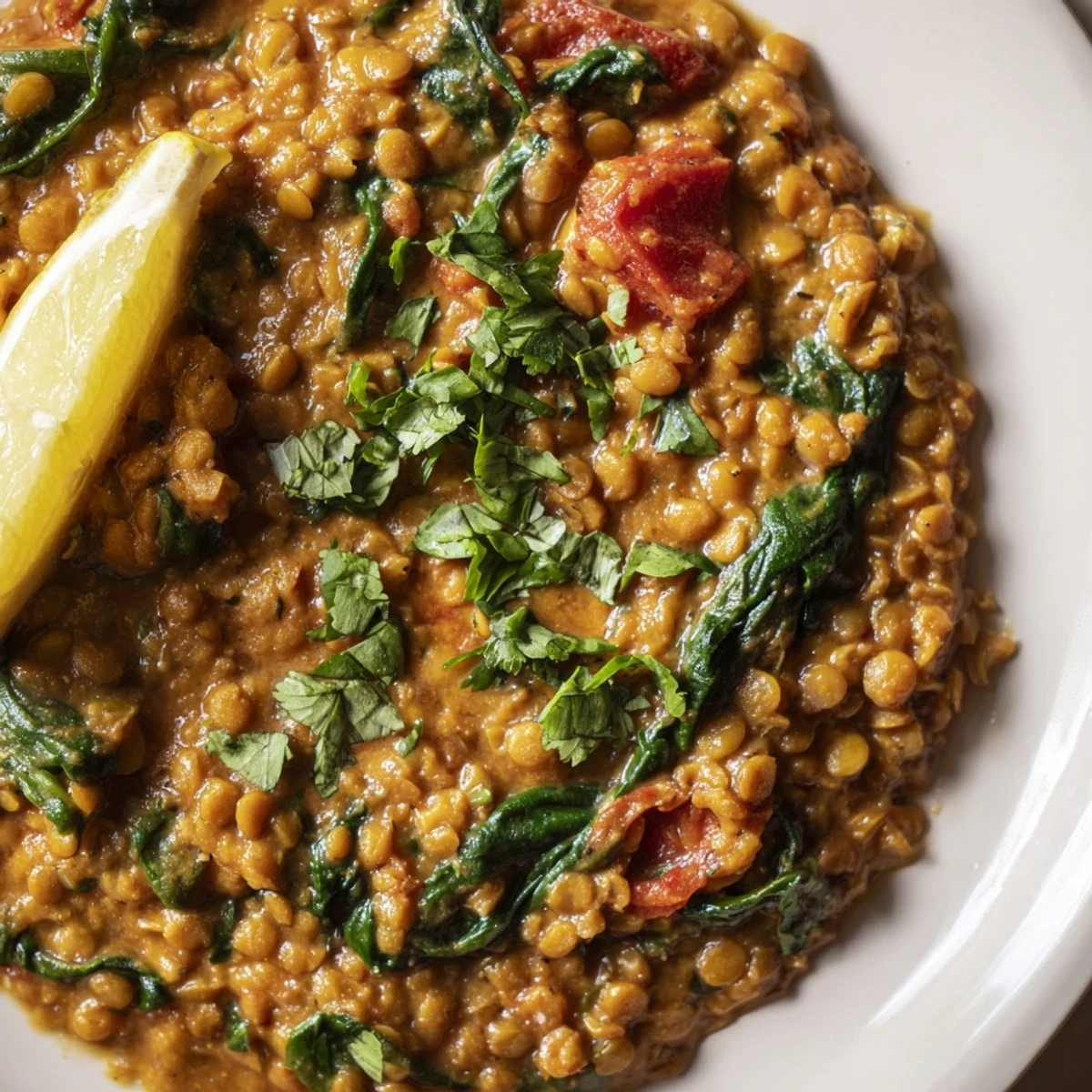 Golden Savory Lentil and Spinach Dahl simmering in a pot, garnished with fresh cilantro.