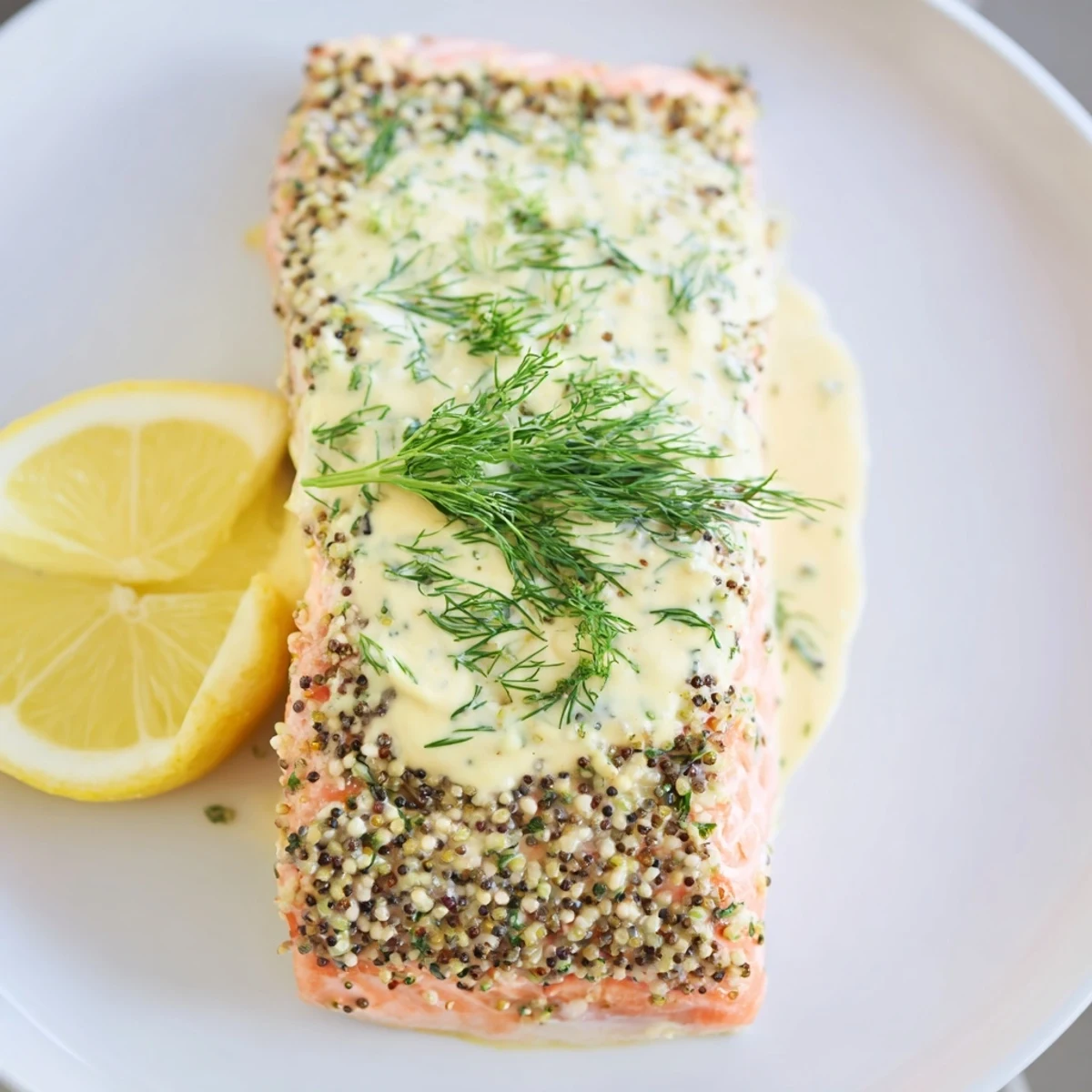 Golden-brown Baked Salmon with Dill and Mustard Sauce resting on a baking sheet, garnished with fresh herbs.