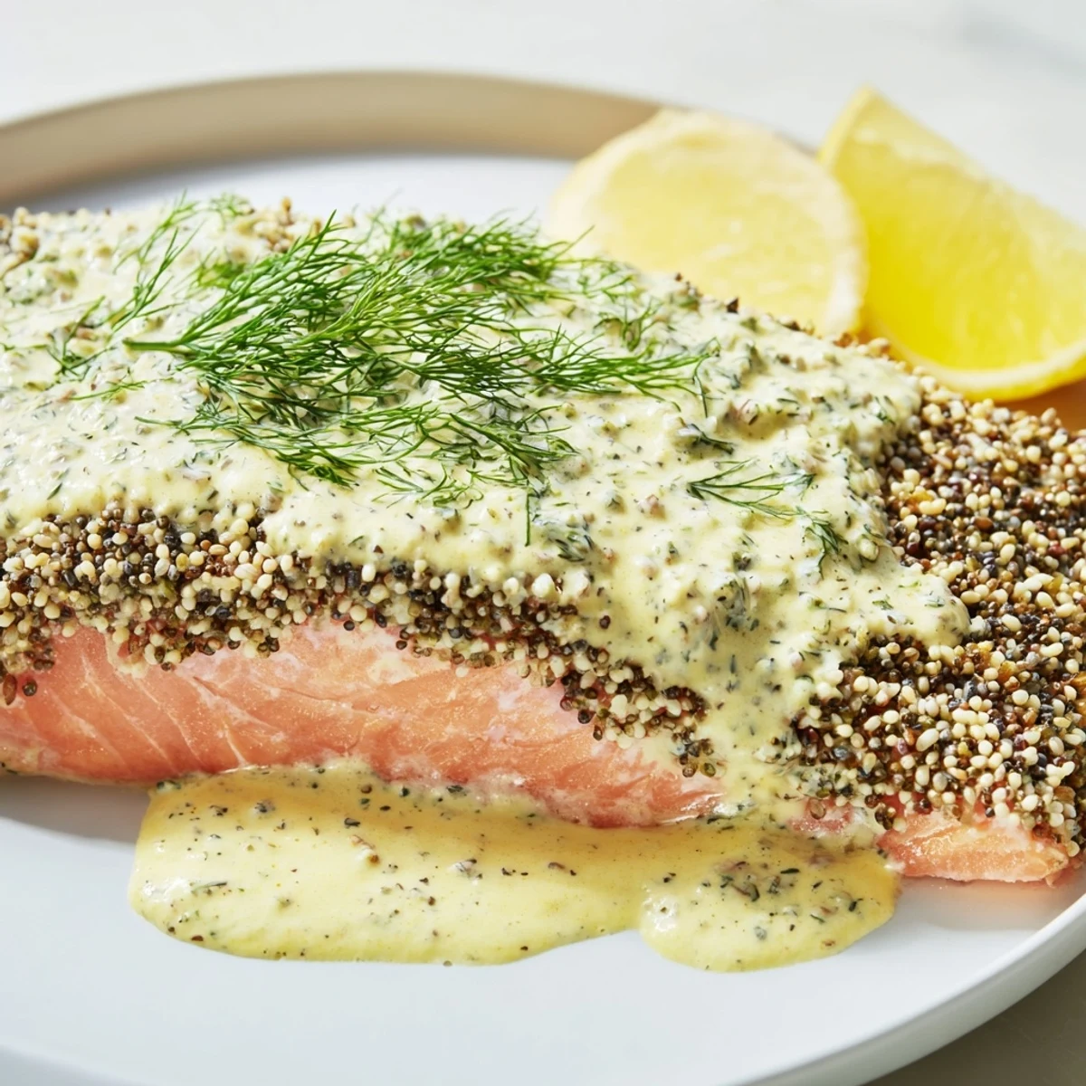 Close-up of juicy Baked Salmon with Dill and Mustard Sauce showing a tender interior and vibrant green dill garnish.