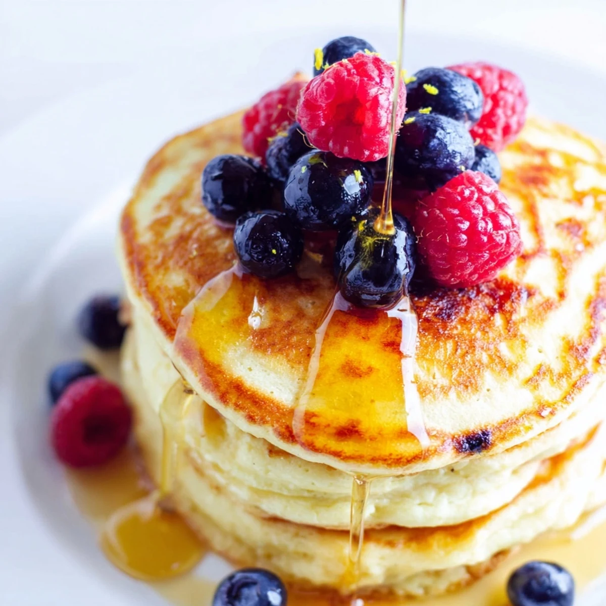 Golden-brown Lemon Ricotta Pancakes with Honey drizzled over fluffy stacks, served with fresh berries on a rustic plate.
