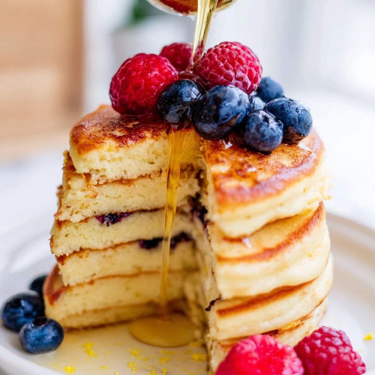 Close-up of Lemon Ricotta Pancakes with Honey, highlighting creamy ricotta texture, lemon zest, and sticky golden drizzle.