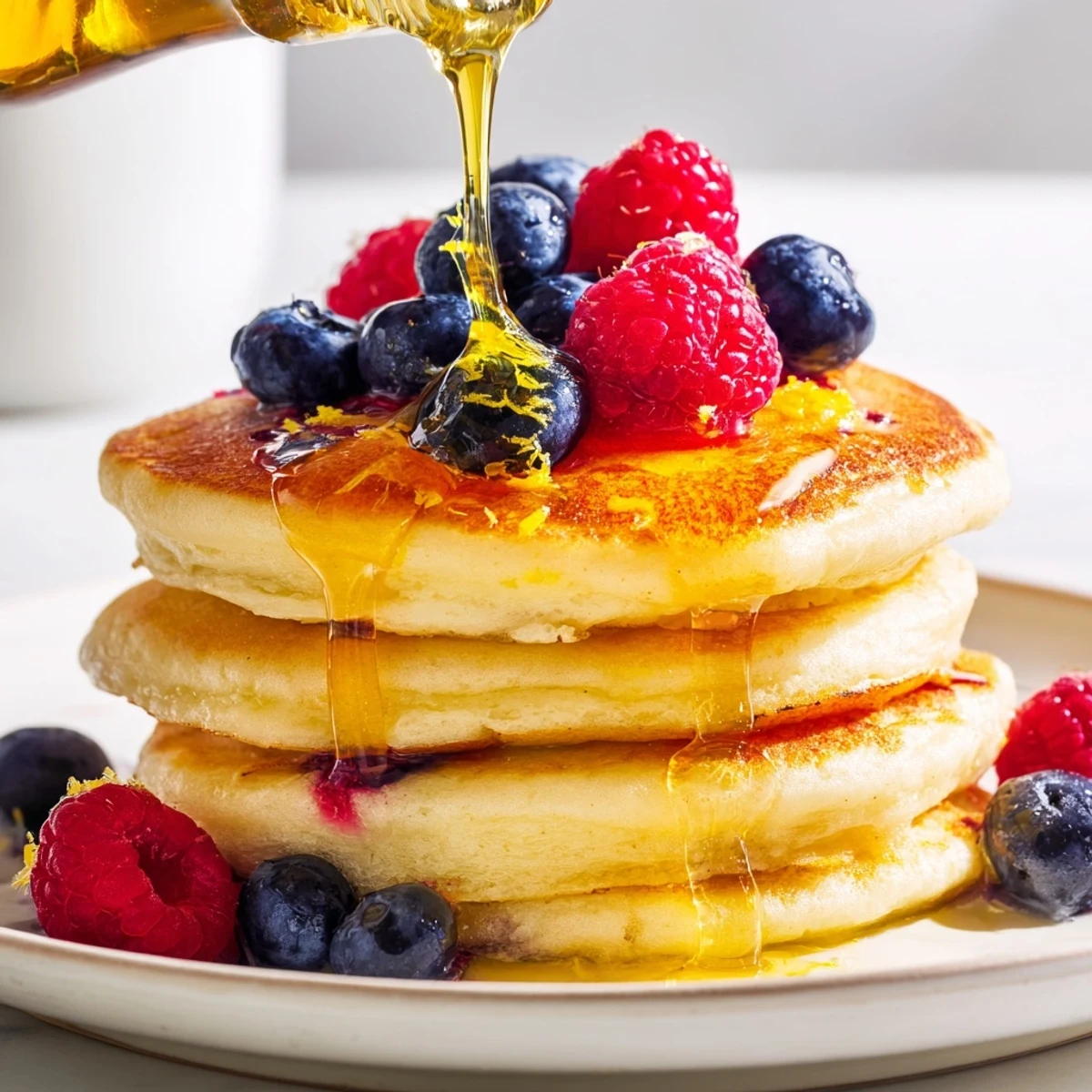 Freshly cooked Lemon Ricotta Pancakes with Honey stack, garnished with lemon zest, ready for a bright breakfast.