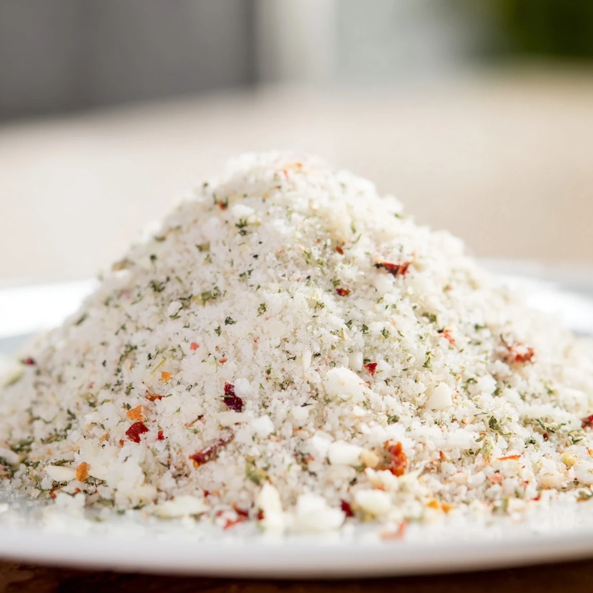 Close-up of the homemade Garlic Salt with Herbs seasoning blend in a small glass jar, showing coarse sea salt with flecks of green parsley and thyme.