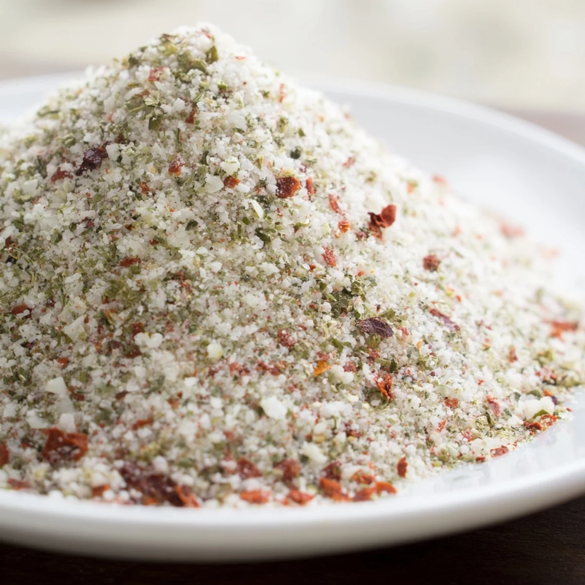 A rustic wooden spoon lifting a scoop of vibrant Garlic Salt with Herbs from a bowl, ready to season roasted vegetables.