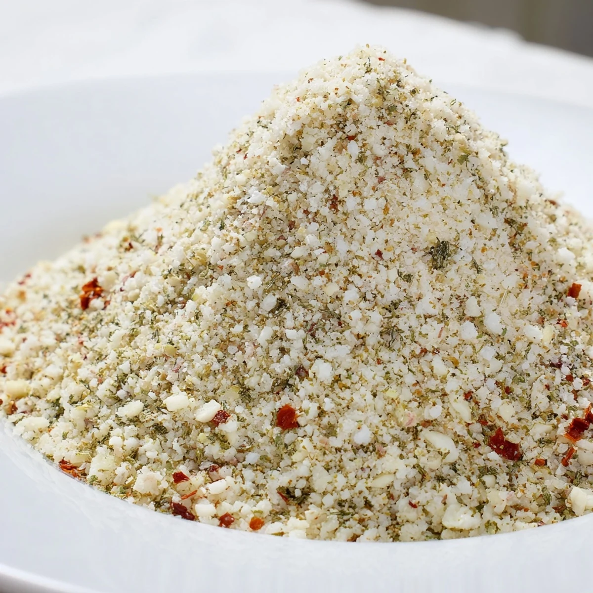 Garlic Salt with Herbs scattered on a plate next to grilled chicken and focaccia bread, highlighting its versatile use as a finishing seasoning.