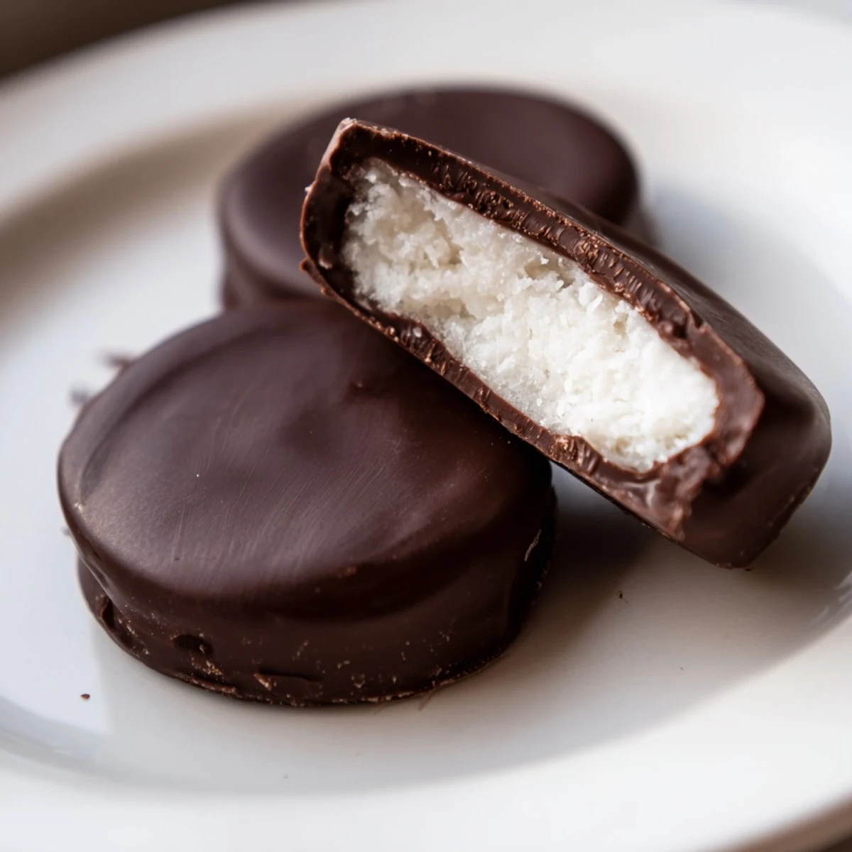 Three round peppermint patties coated in dark chocolate sit on a sheet of parchment paper, their glossy surfaces reflecting the light.  