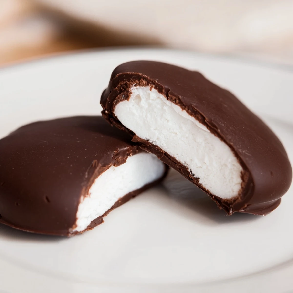 Close-up of a peppermint patty showing the textured chocolate coating and a glimpse of the bright white mint filling.