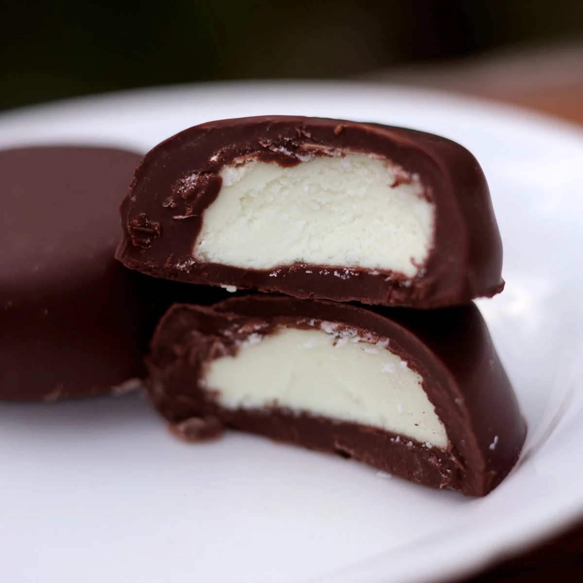 A single homemade peppermint patty rests beside a broken piece, revealing the smooth white fondant center inside the dark chocolate shell.  
