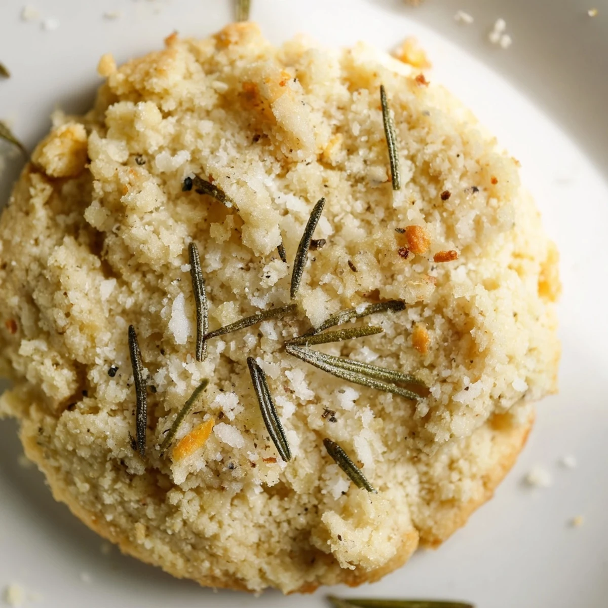 Freshly baked Savory Salted Shortbread rounds featuring a golden edge and crumbly texture on marble.