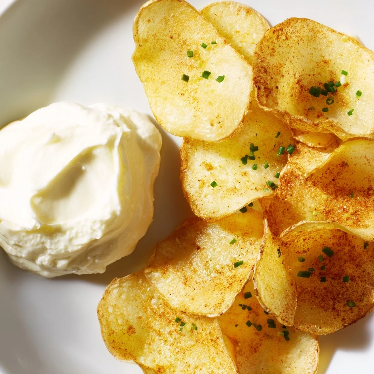 Crispy chip with dip in a white bowl, served with golden baked potato slices for dipping