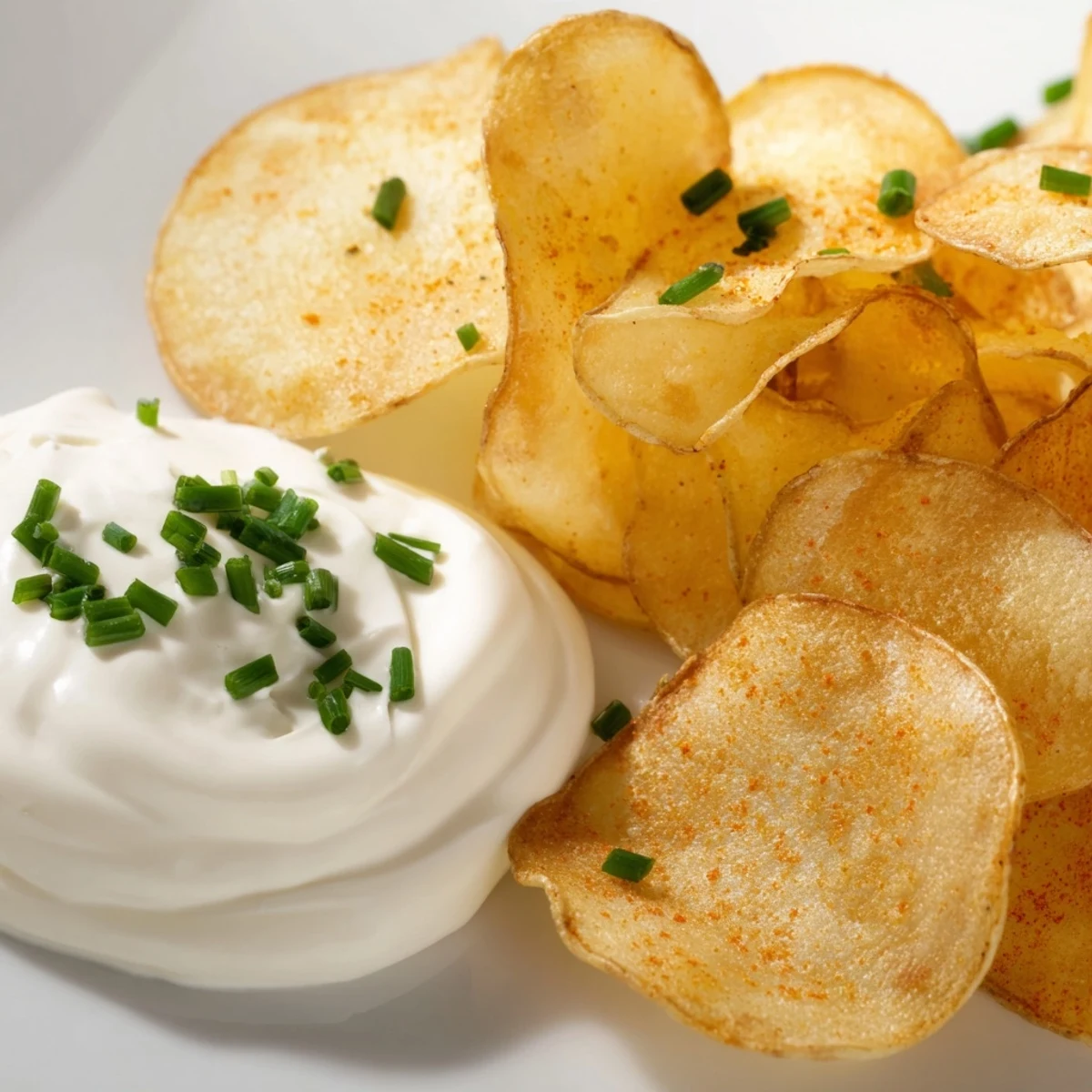 Golden baked potato chips paired with a bowl of creamy garlic chive dip for a savory treat