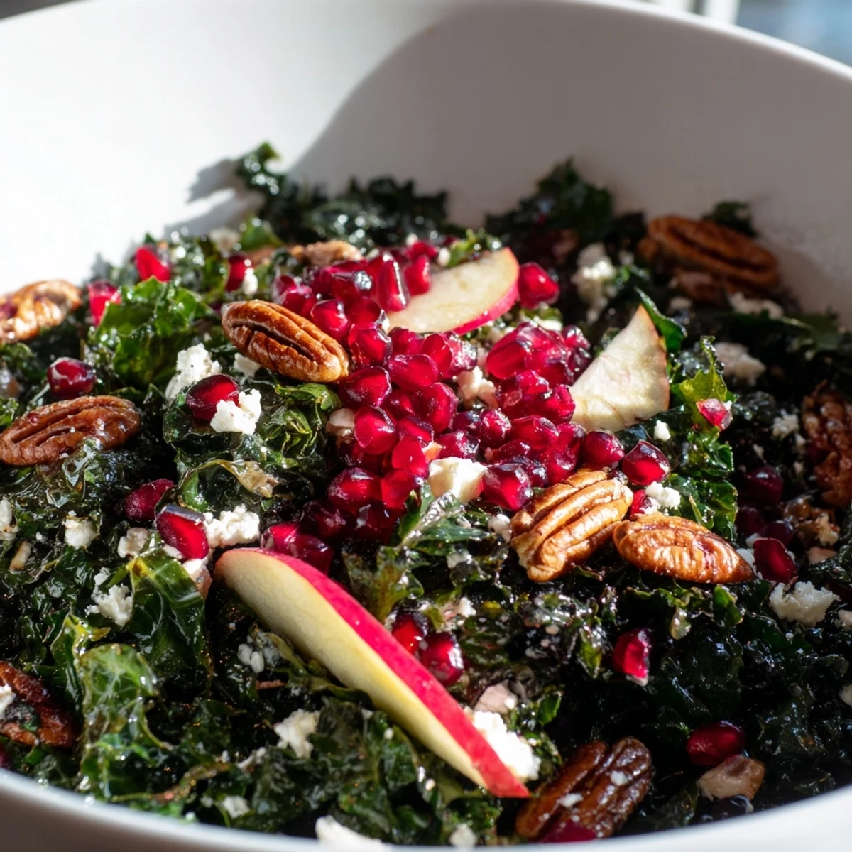 Colorful Winter Kale Salad with Pomegranate and Pecans tossed in citrus dressing, ready for a healthy lunch.