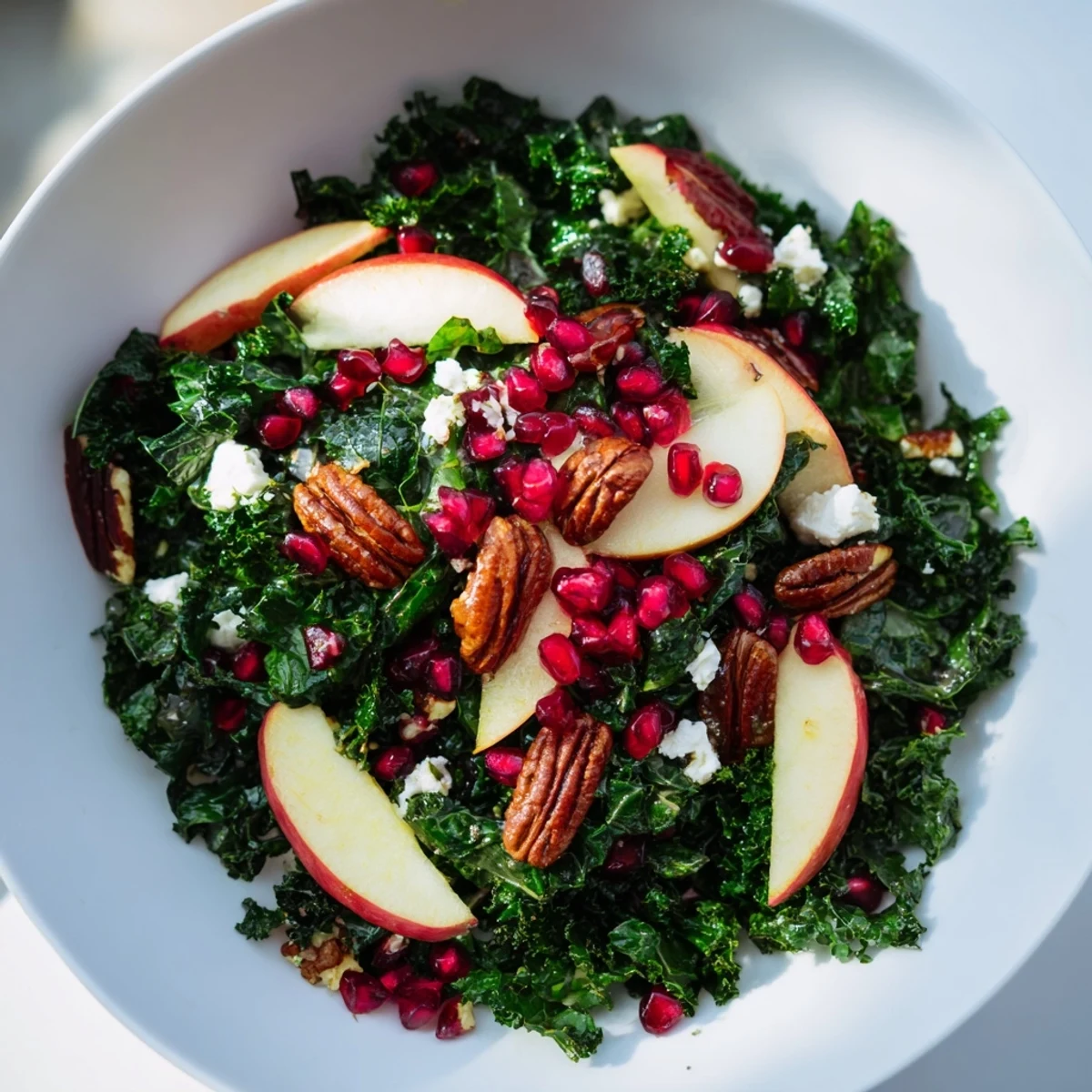 Fresh Winter Kale Salad with Pomegranate and Pecans served in a white bowl with feta and apple slices.