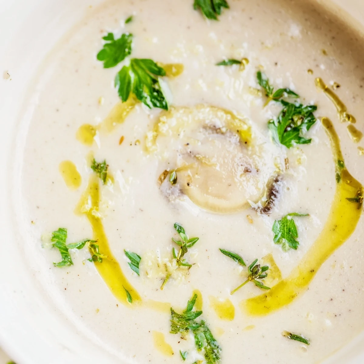 Creamy Mushroom Soup with Thyme ladled into a cozy bowl, garnished with fresh herbs and olive oil drizzle.