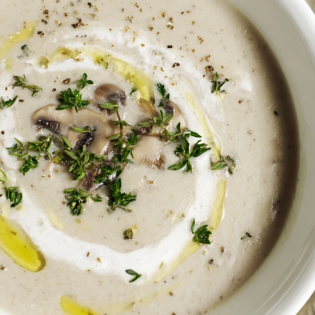 Creamy Mushroom Soup with Thyme with sautéed mushrooms, thyme sprigs, and heavy cream swirls in a white pot. 