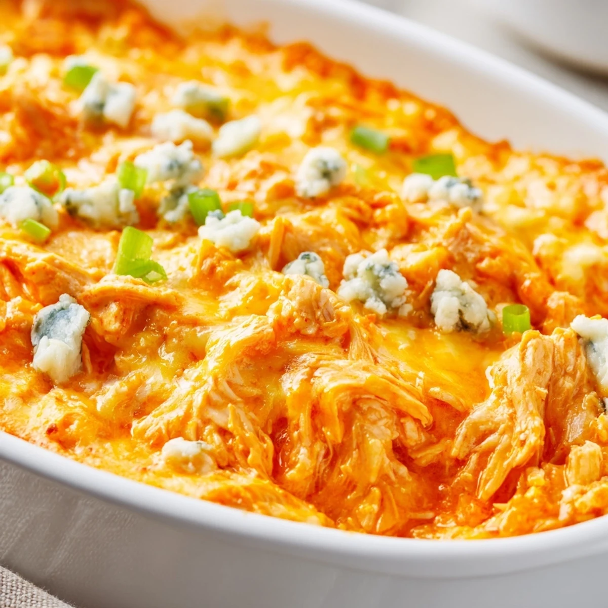 Golden, bubbly Spicy Buffalo Chicken Dip with celery sticks for dipping, garnished with fresh chives.