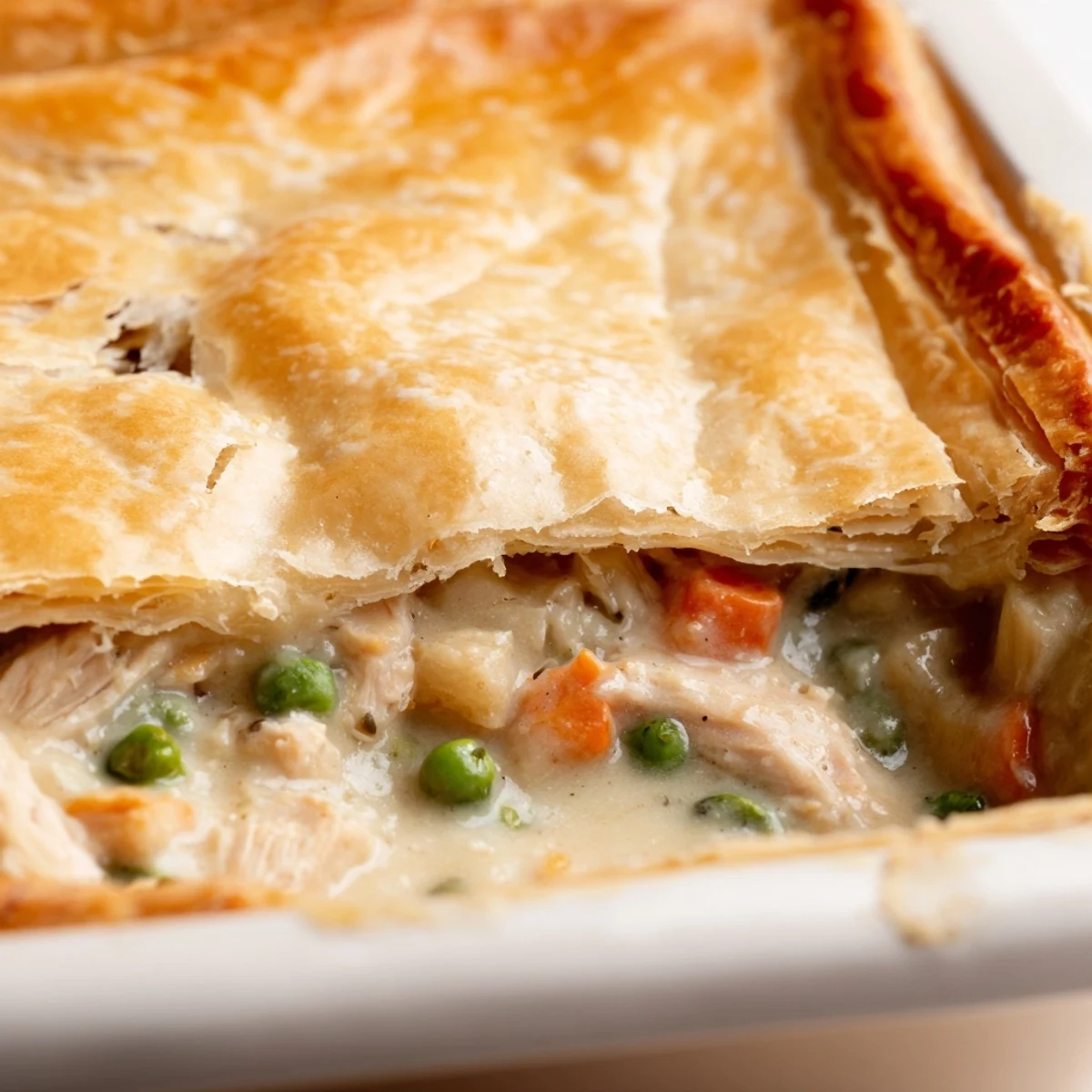 Freshly baked Turkey Pot Pie with a golden, flaky puff pastry crust, bubbling from a rustic dish.