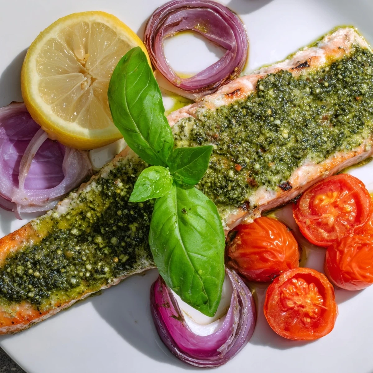 Golden-baked salmon with vibrant pesto and blistered cherry tomatoes, served hot with fresh basil garnish.