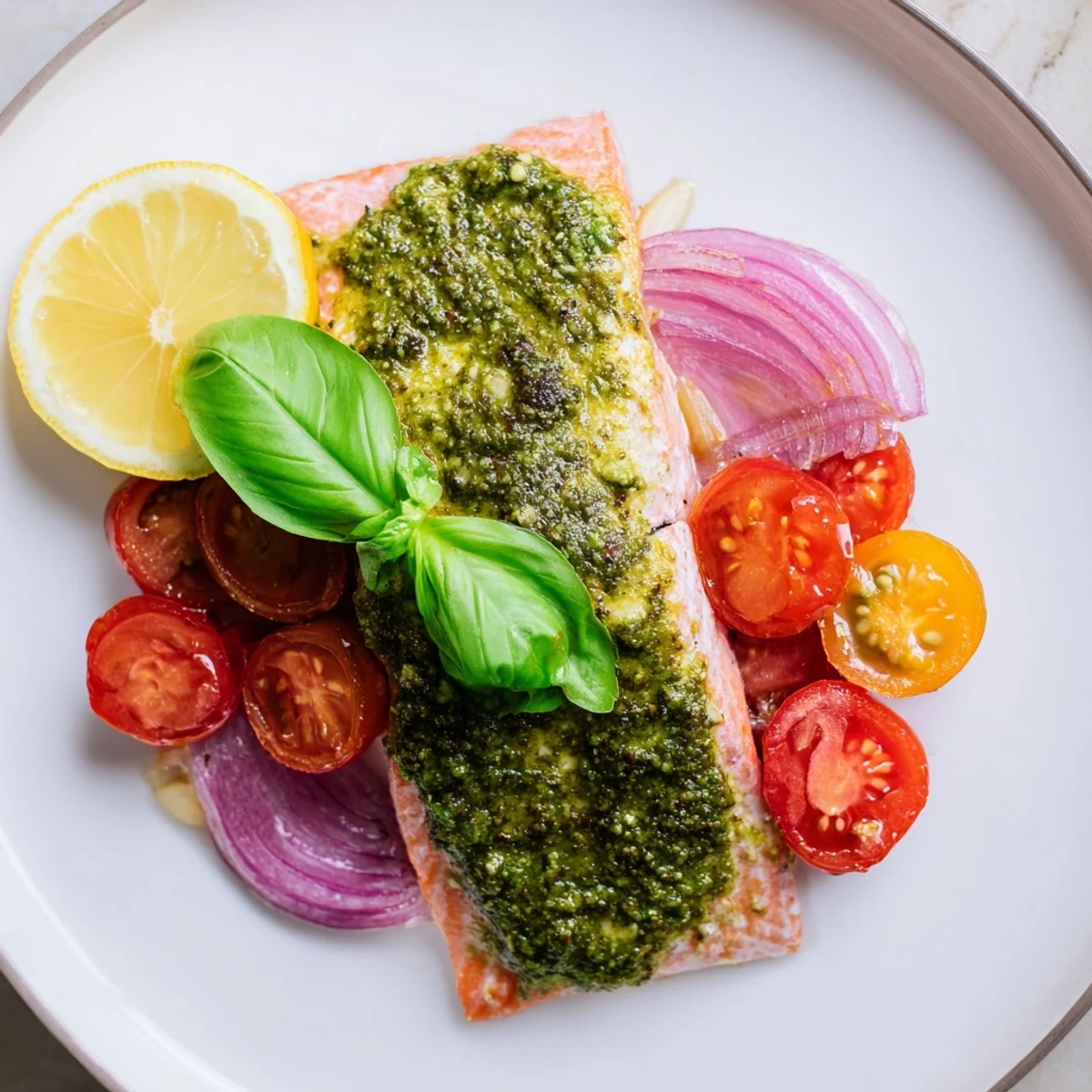 Easy Baked Salmon with Pesto and Cherry Tomatoes plated with lemon wedges, ideal for a healthy dinner.