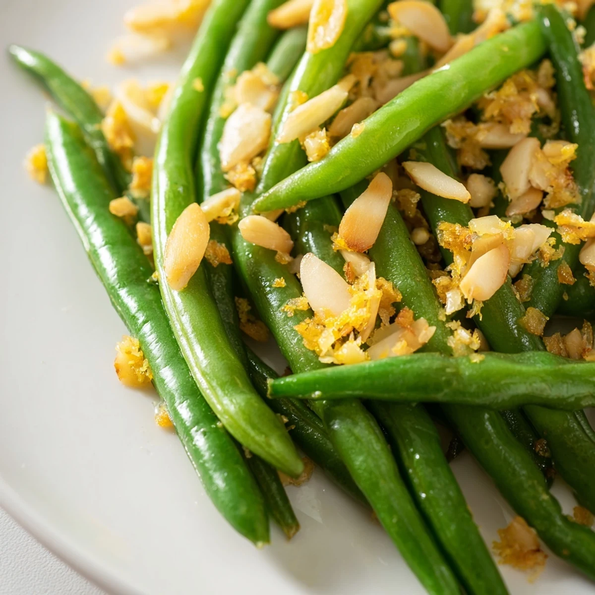 Bright green beans are sautéed with minced garlic and tossed in a lemon vinaigrette, finished with crunchy toasted almonds on a white plate.