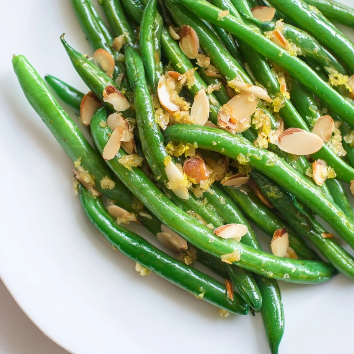A close-up shows glistening Lemon Garlic Green Beans with Almonds, fresh parsley garnish, and a light citrus zest for a vibrant side dish.