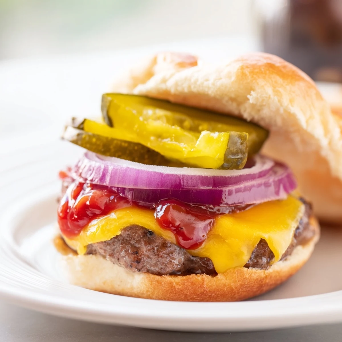 Toasted slider buns hold seasoned beef patties topped with gooey cheddar and tangy dill pickle slices for a party-ready bite.