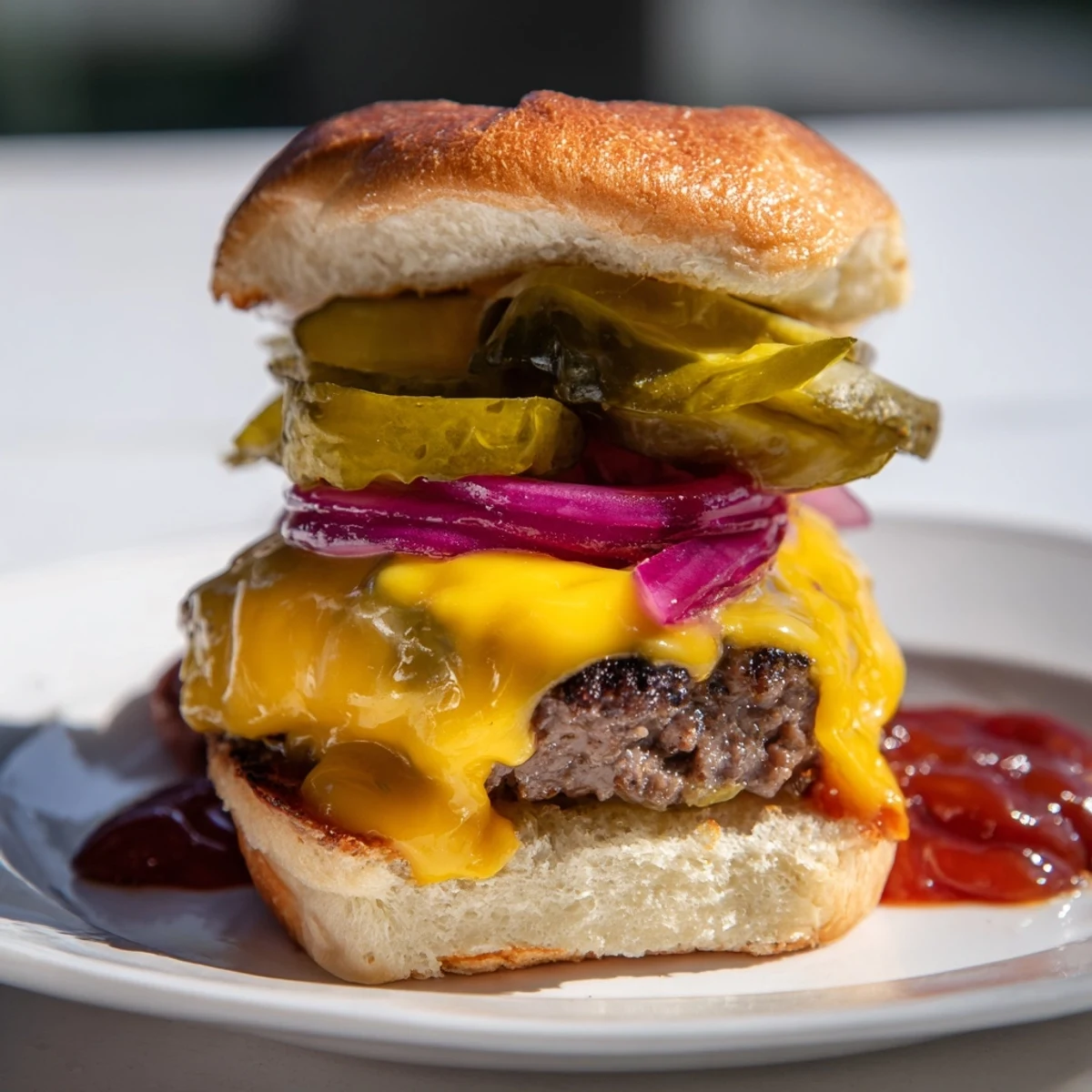 American-style Beef Sliders with Cheese and Pickles served hot with melted cheese, crisp pickles, and optional ketchup and mustard.