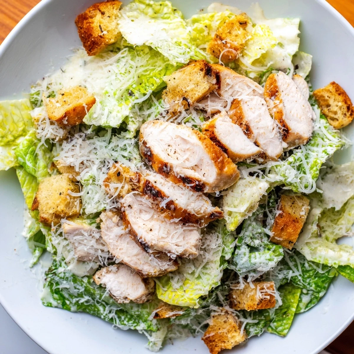 Juicy grilled chicken slices rest atop crisp romaine lettuce, tossed with homemade croutons and fresh parmesan shavings.