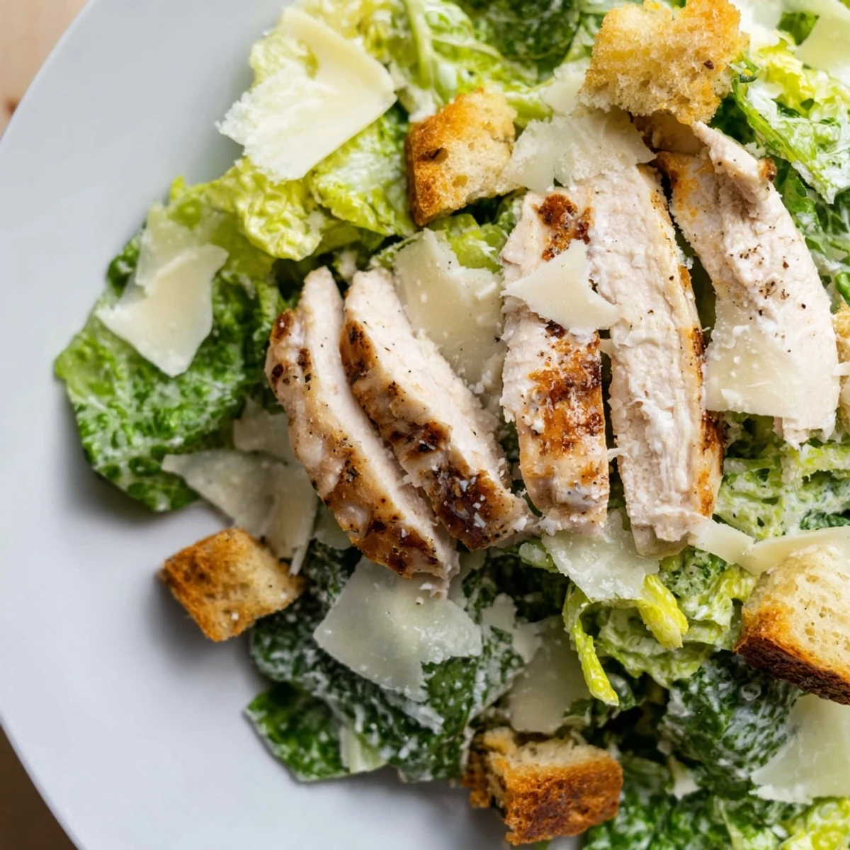 Sliced grilled chicken and crunchy croutons garnish a hearty Chicken Caesar Salad, served on a white plate.