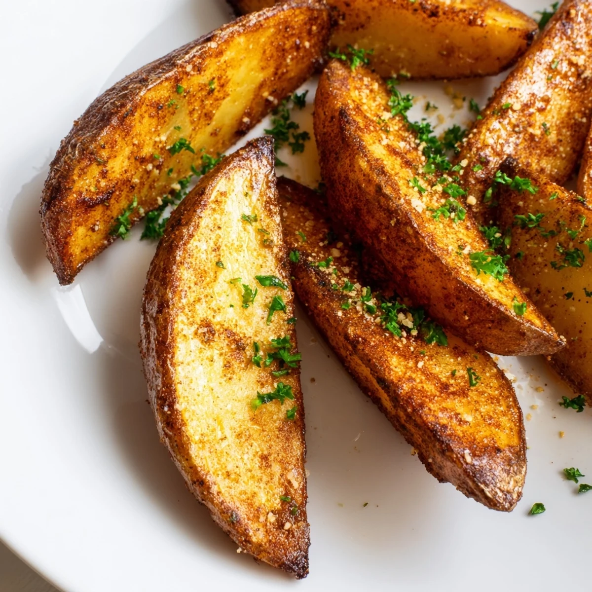 Freshly baked Crispy Oven Baked Potato Wedges garnished with chopped parsley and grated Parmesan cheese.