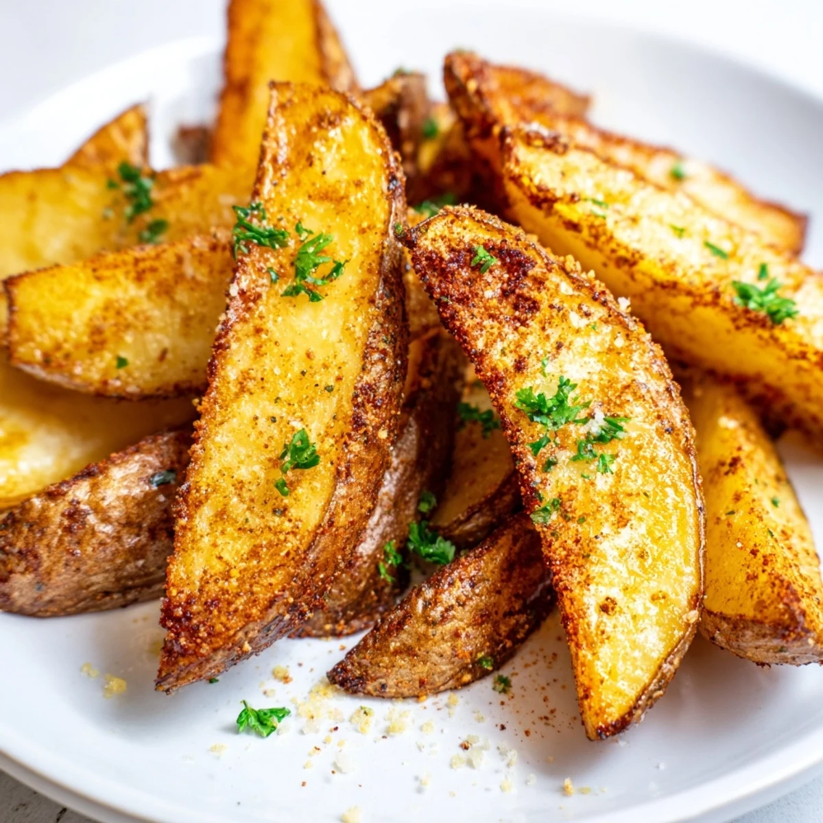 Seasoned Crispy Oven Baked Potato Wedges served on a wooden board ready to be enjoyed as a snack.