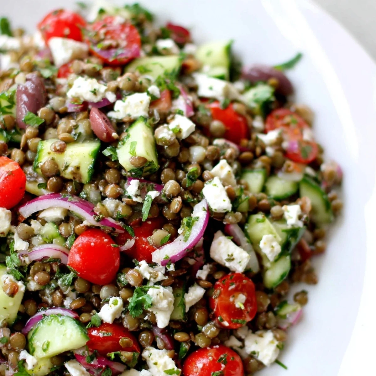Fresh Mediterranean Lentil Salad with Feta in a white bowl, topped with vibrant cherry tomatoes and Kalamata olives.